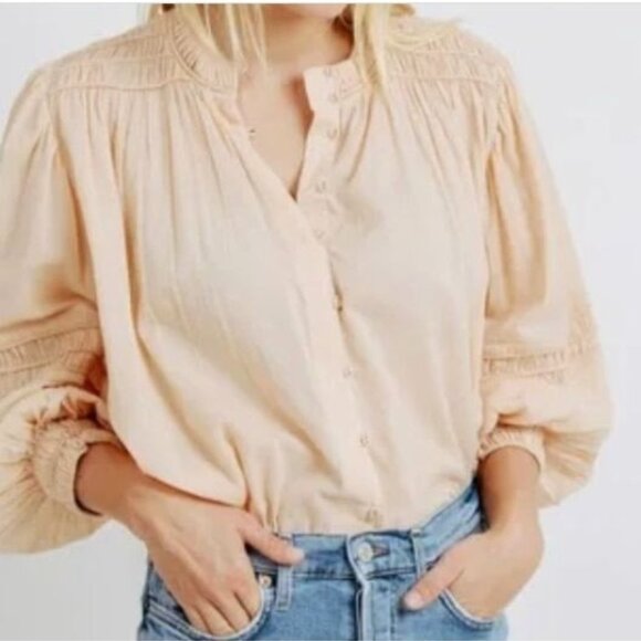 MIRTH Beirut Peach Button Blouse M Boho Artisan Luxe Balloon Sleeve Cotton Top - Picture 4 of 9